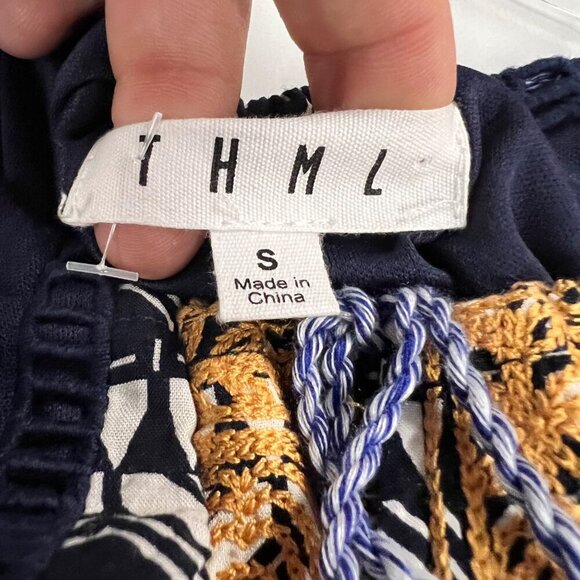 THML Women's Mini Shift Dress Halter Neck Navy/Multi Size Small Tassels - Picture 8 of 9